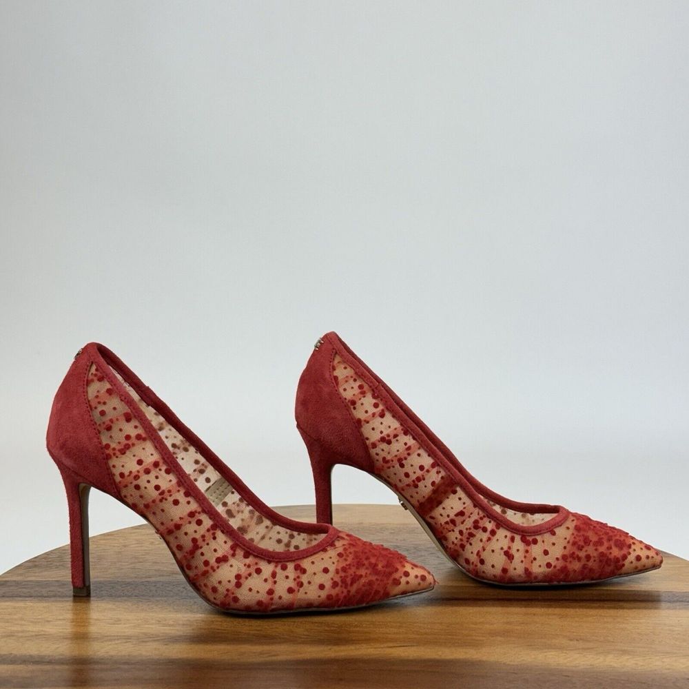 Women's Sam Edelman Hazel 10 Red Suede Sheer Pointed Toe Stiletto Heels Size 5 M